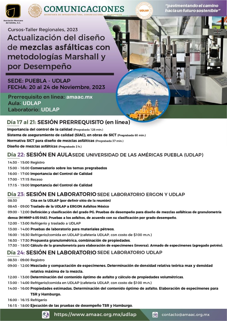 PATROCINIO - PUEBLA - NOV - Curso Actualización del diseño de mezclas asfálticas con metodologías Marshall y por Desempeño
